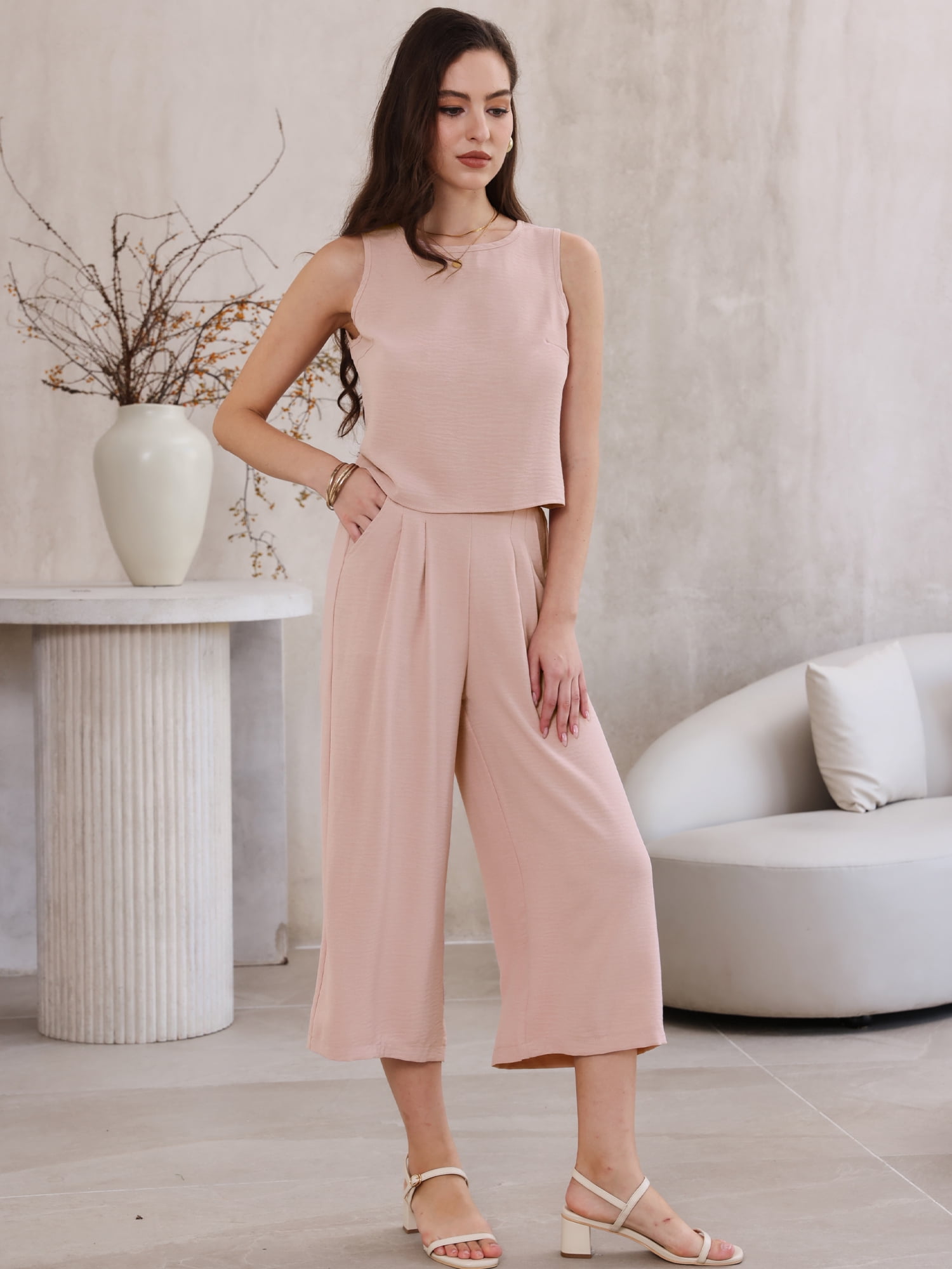 DARING DIVA Women's Suits 2 Piece Outfits Sleeveless Crop Top Wide Leg Pants XL Pink