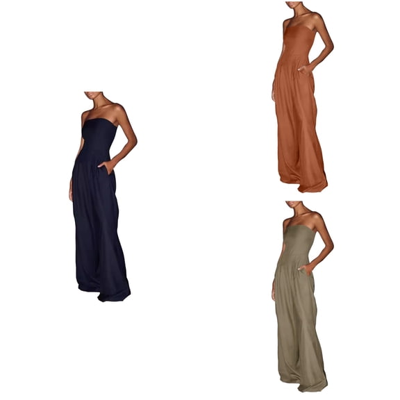 Antinious Women Solid Slim Elegant Summer Long Wide Leg Jumpsuit with Pocket