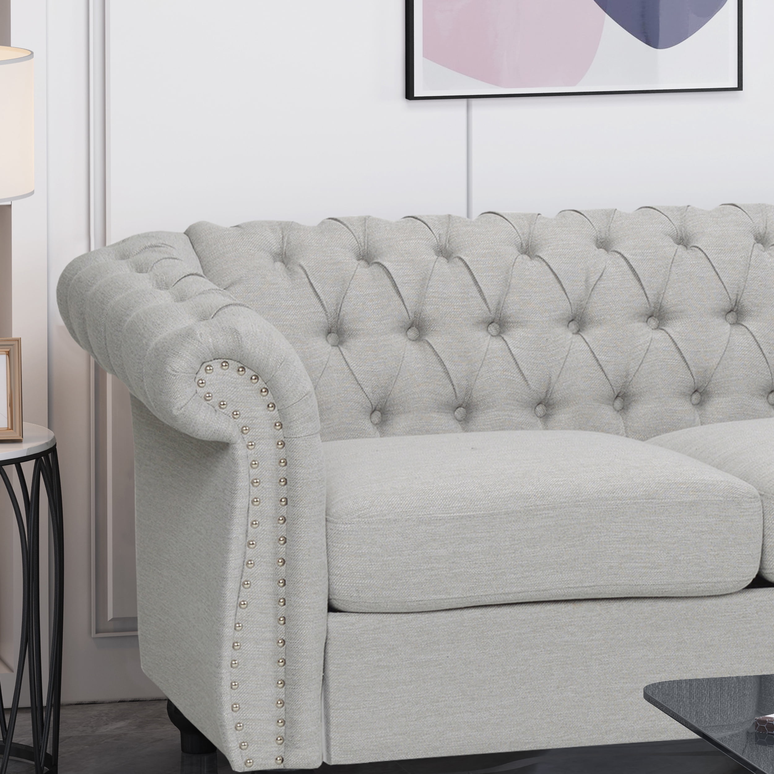 Noble House Augus Fabric Upholstered Sofa, Cloud Gray, Dark Brown
