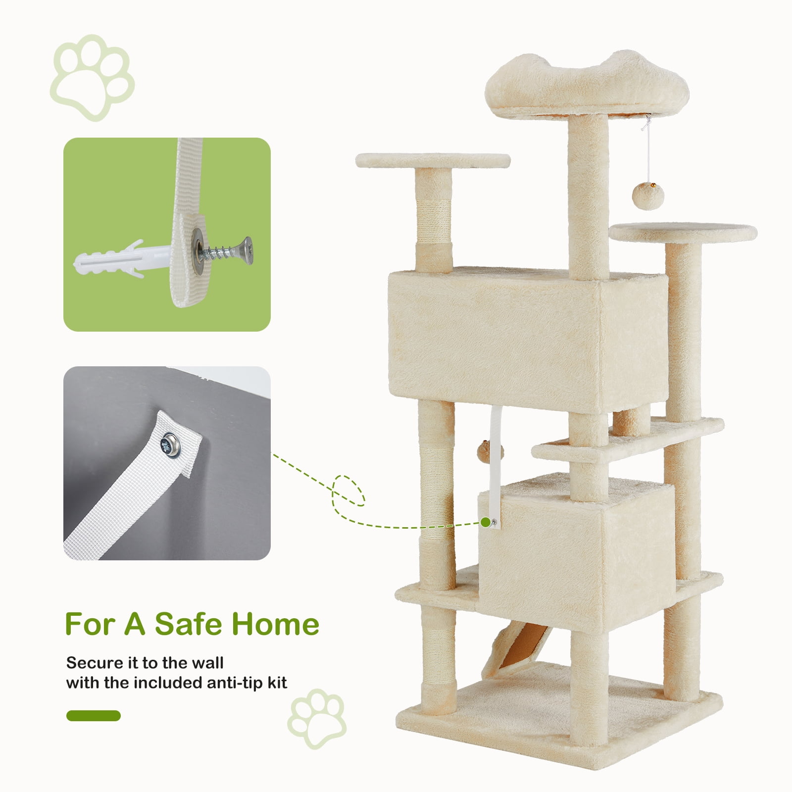 JIOABL Multi-Level Cat Tree Tower - 54-Inch Cat Tower with Large Condo, Climbing Ladder, Plush Toy, and More Cat Stuff, Beige
