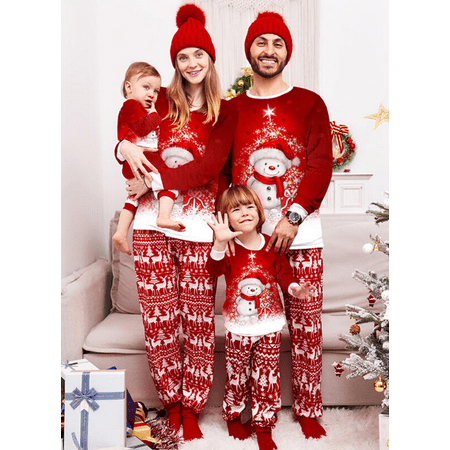 

Christmas Matching Pajama Snowman/Deer Long-Sleeves Tops with Pants Suit/Jumpsuit Loungewear Parent-Children Clothes Set