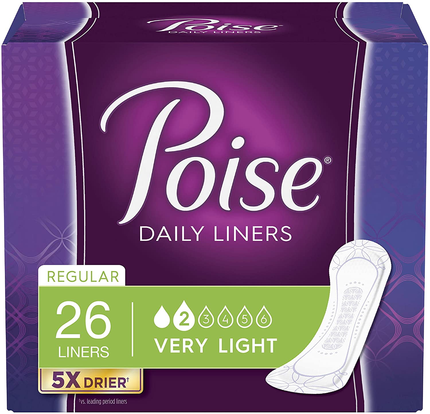 Poise Pantyliners Very Light Absorbency, Absorb-Loc Core, 7-1/2 Inch Length, Regular | Bag of 26