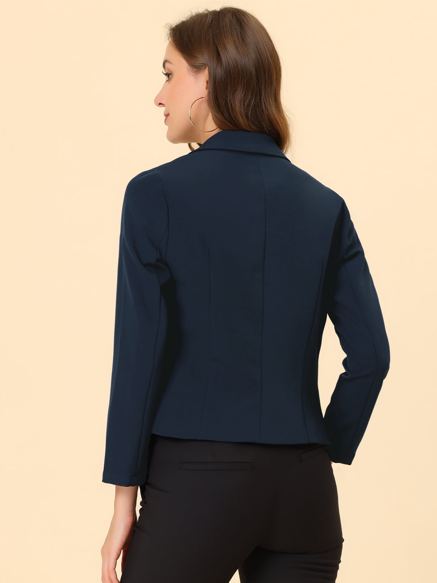 DARING DIVA Women's Notched Lapel Work Crop Blazer L Dark Blue-Solid
