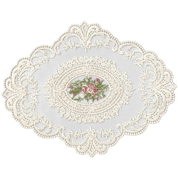 Retro Lace Table Doily, 14.6 x 11.4 in French Lace Doilies with Rose Embroidery, Oval White Embroidered Table Mat and Floral Cup Mat for Nightstand Wedding Party Home Decor, Vintage Place Doily