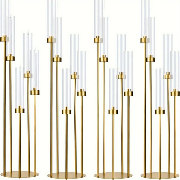 39.4" Tall Golden Metal Candelabra 5 arm with Acrylic Lampshade, Table Tapered Candlestick Holder Set for Wedding Birthday Party Centerpieces Living Room Dining Table Decor