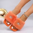 thumbnail image 5 of Women Fluffy Faux Fur Rhinestone Crown Square Open Toe Slide Slippers Orange 7, 5 of 9