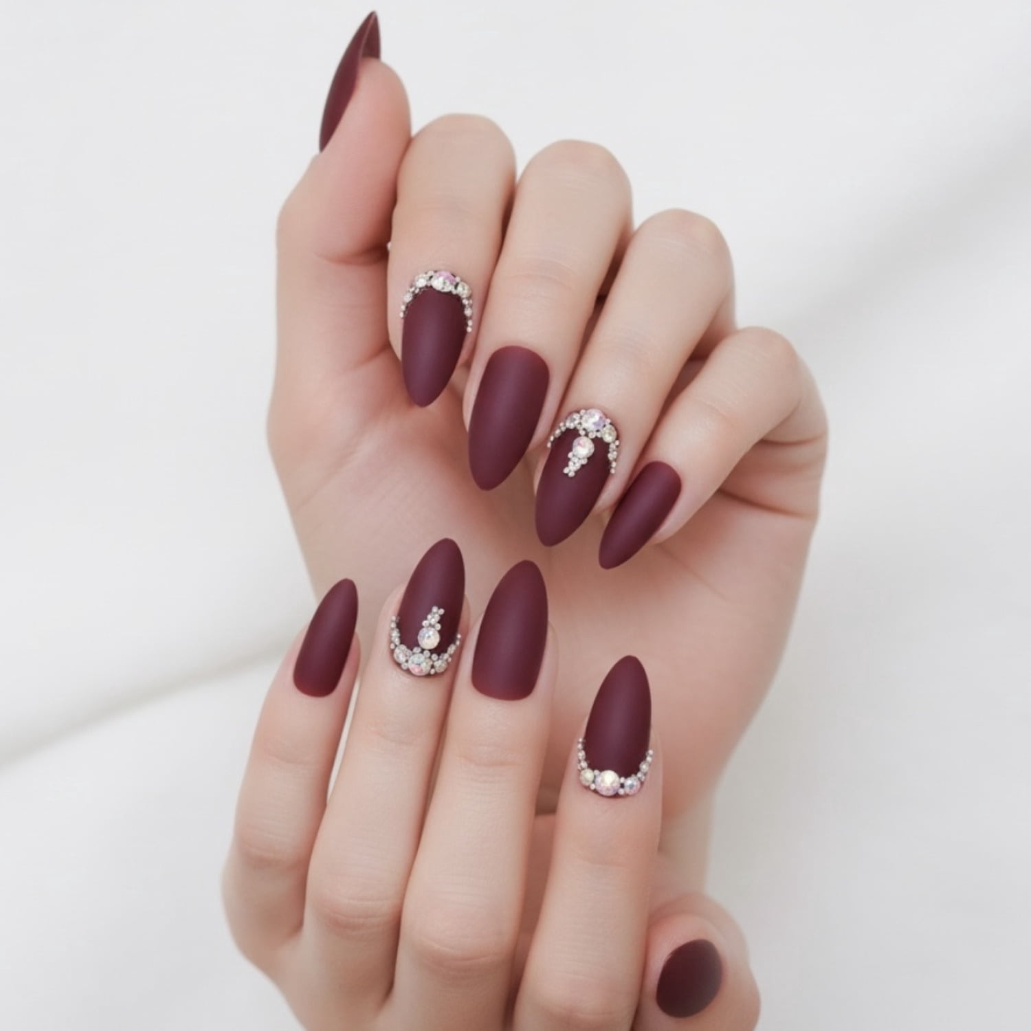 Matte Dark Red Burgundy 3D Crystal Press On Nails, Long Stiletto Fake Nails, Prestige Passion