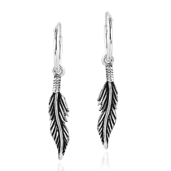 Bohemian Tribal Feather .925 Sterling Silver Hoop Earrings