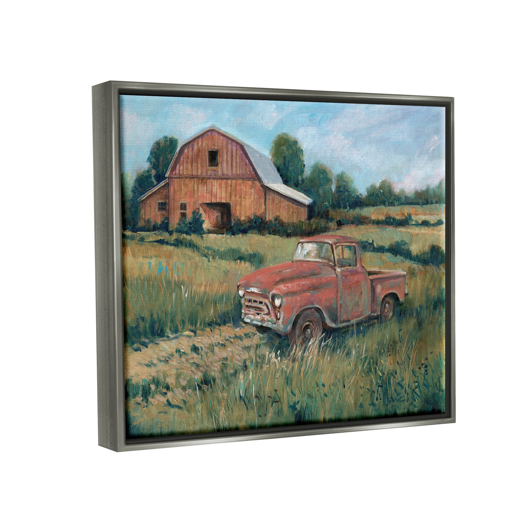 Stupell Industries Red Pickup Truck Rural Barn Farmland Painting Luster Gray Floating Framed Canvas Print Wall Art, Design by Tim OToole