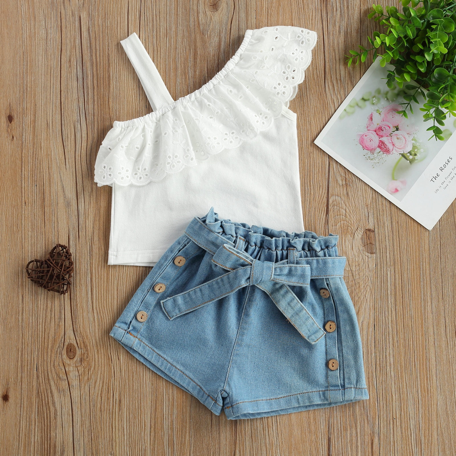 2pcs Baby Girl 100% Cotton Floral Embroidered Sleeveless Ruffle Top and Lace Ripped Denim Shorts Set