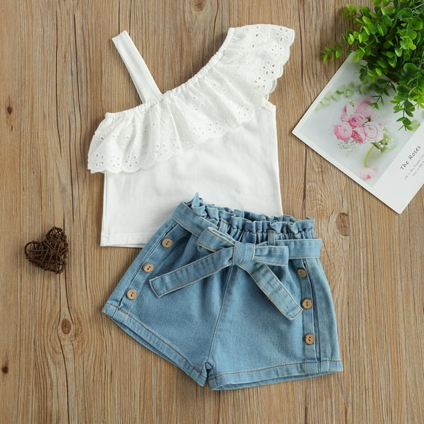 Gupgi Kids Girl Strap One Shoulder Ruffle Tops Belted Denim Shorts