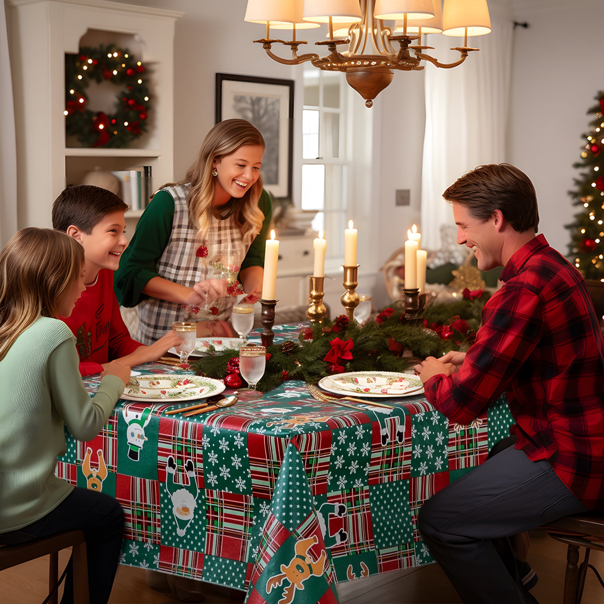 RAY STAR Christmas Tablecloth 60x120 inch Rectangle Xmas Tablecloth Waterproof Vinyl Tablecloth with Flannel Backing
