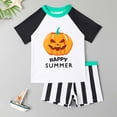 thumbnail image 2 of TBWNWG Boys Halloween Pumpkin Striped Swim Set Short Sleeve Rash Guard And Trunks For Comfortable Beach Surfing Swimming Outfit, 2 of 9