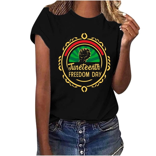 Tops de Manga Corta para las Mujeres de Ajuste Suelto, Día de la Independencia Negro Impreso, Cuello Redondo Suelto Superior