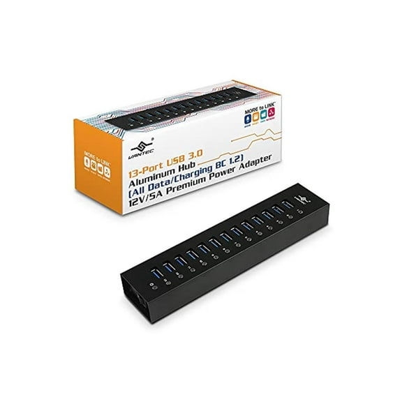 vantec 13-port usb 3.0 hub, aluminum, full powered, mountable, with all ports data & charging up to 1.5a, bc 1.2, premium 12v/5a power adapter (ugt-ah131u3-bk)