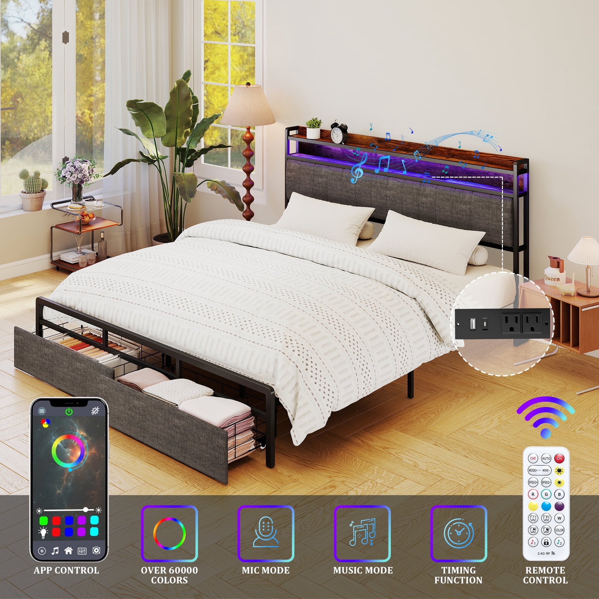 Furnibear LED Queen Bed Frame with Upholstered Storage Headboard and Drawers, LED Platform Bed with Charging Station, No Box Spring Needed