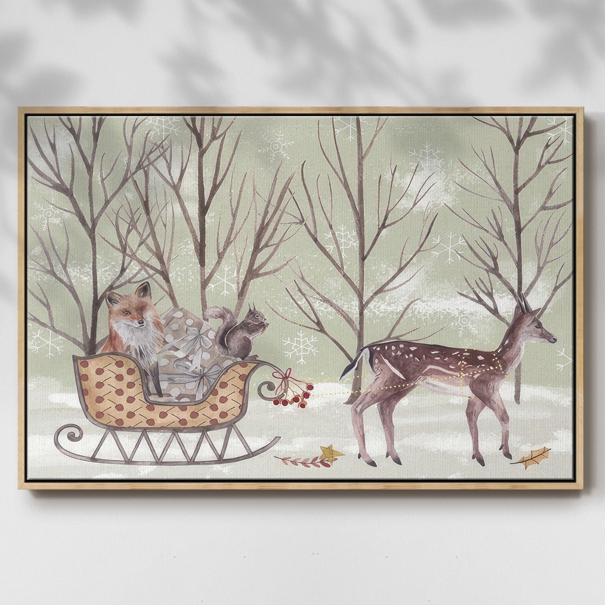 Christmas Time I - Framed Gallery Wrapped Holiday Canvas - 27 x 41 - Natural Wood Frame