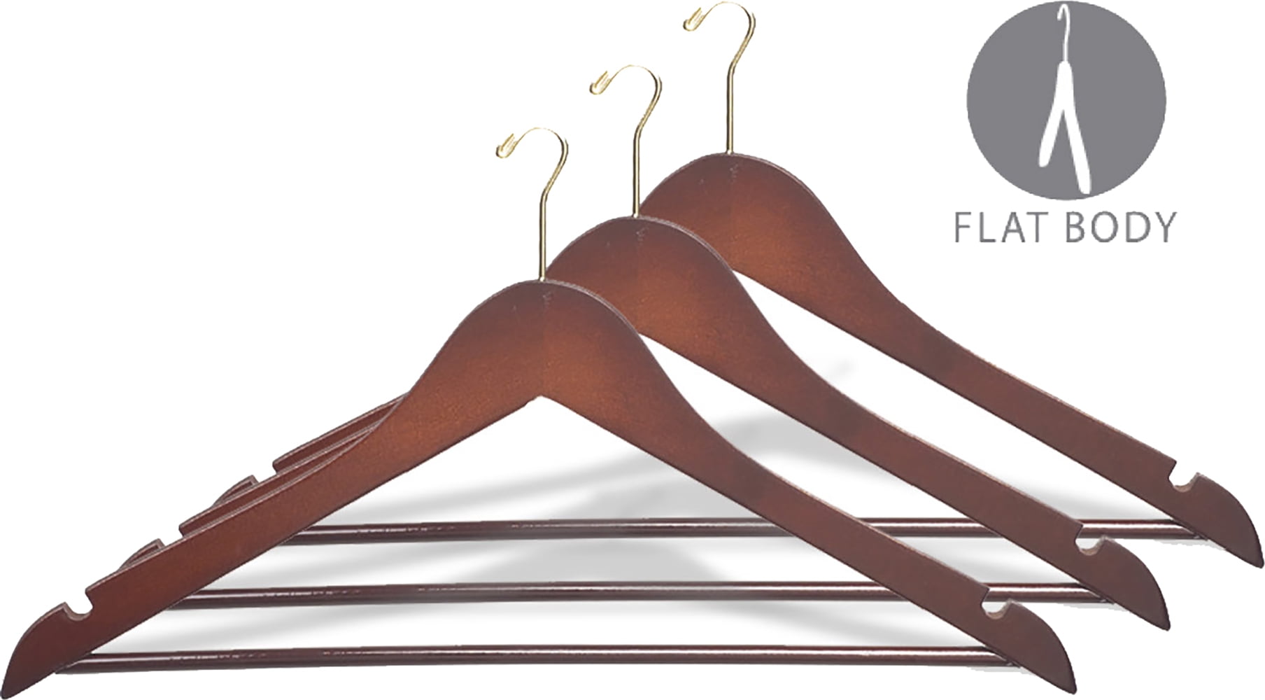 Wood Security Suit Hanger w/ Solid Wood Bar and Brass Mini Hook, (Box