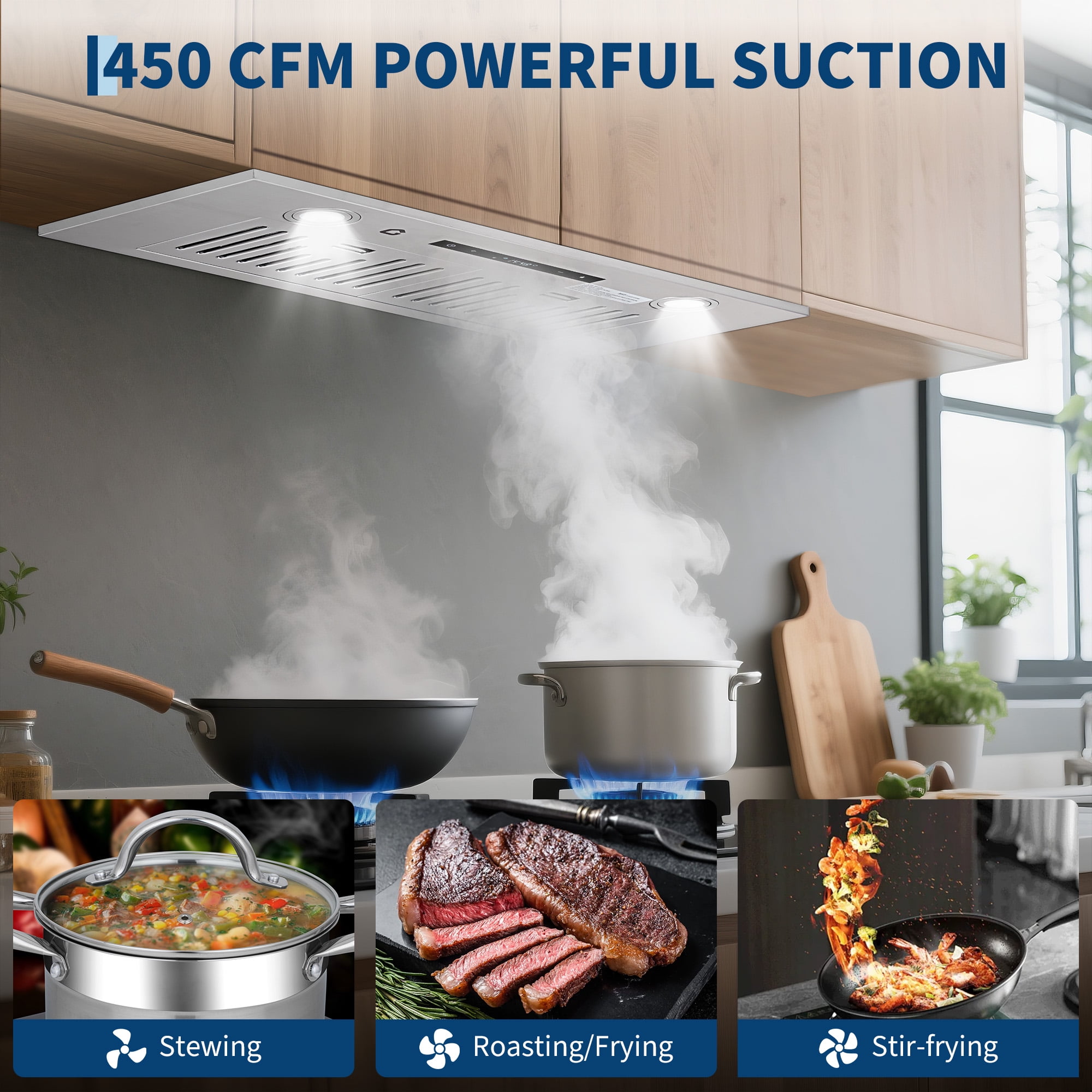 30 Inch Stainless Steel Range Hood, Under Cabinet Kitchen Hood 450CFM, Convertible Ducted/Ductless, Remote Control, 3-Speed Touch Screen, Baffle Filters, LED Lights