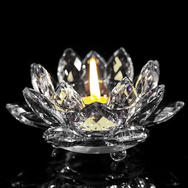 Crystal Lotus Flower Candle Glass Tealight Clear Tabletop FengShui Decor Holder 