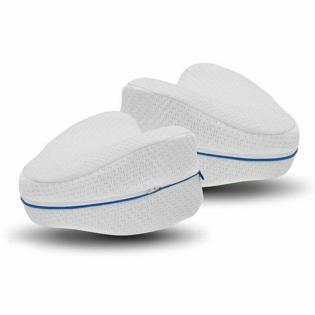 DAMAIE Dreamolino Leg Pillow Ergonomic Side Sleeper Pillows, set of two crescent-shaped memory foam pillows designed for side sleepers. Features breathable material, ventilation holes, and removable washable covers with blue zipper accents for optimal comfort and ergonomic support.