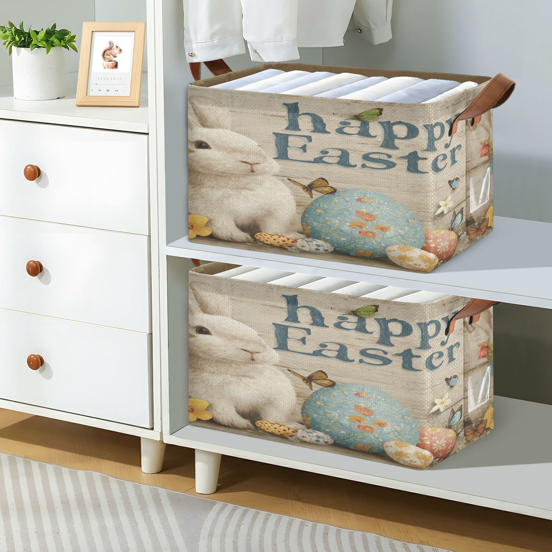 WobogoHappy Easter Bunny Storage Basket 16.9×11.4×10in Collapsible Oversized with Metal Iron Frame