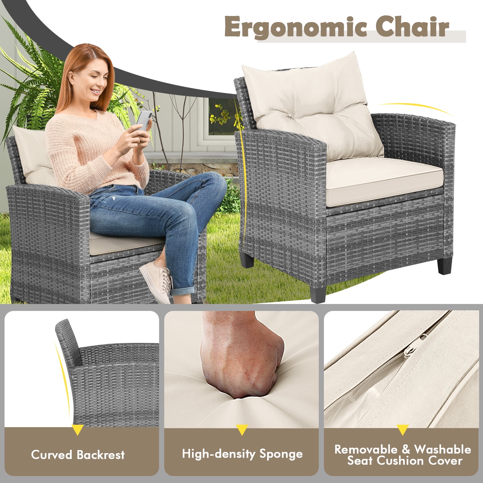 Costway 3PCS Patio Rattan Furniture Bistro Set Cushioned Sofas Side Table Armrest Beige,Mix Gray