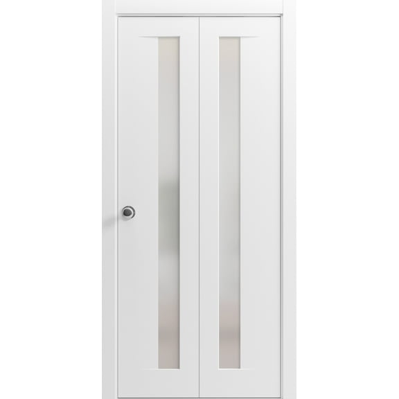 Sliding Closet Bi-fold Doors 48 x 80 inches | Planum 0660 Painted White with Frosted Glass | Sturdy Tracks Moldings Trims Hardware Set | Wood Solid Bedroom Wardrobe Doors