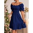 thumbnail image 4 of Navy Blue Square Neck Ruched Waist A-Line Dress With Puffed Sleeves And Tiered Hem, 4 of 6