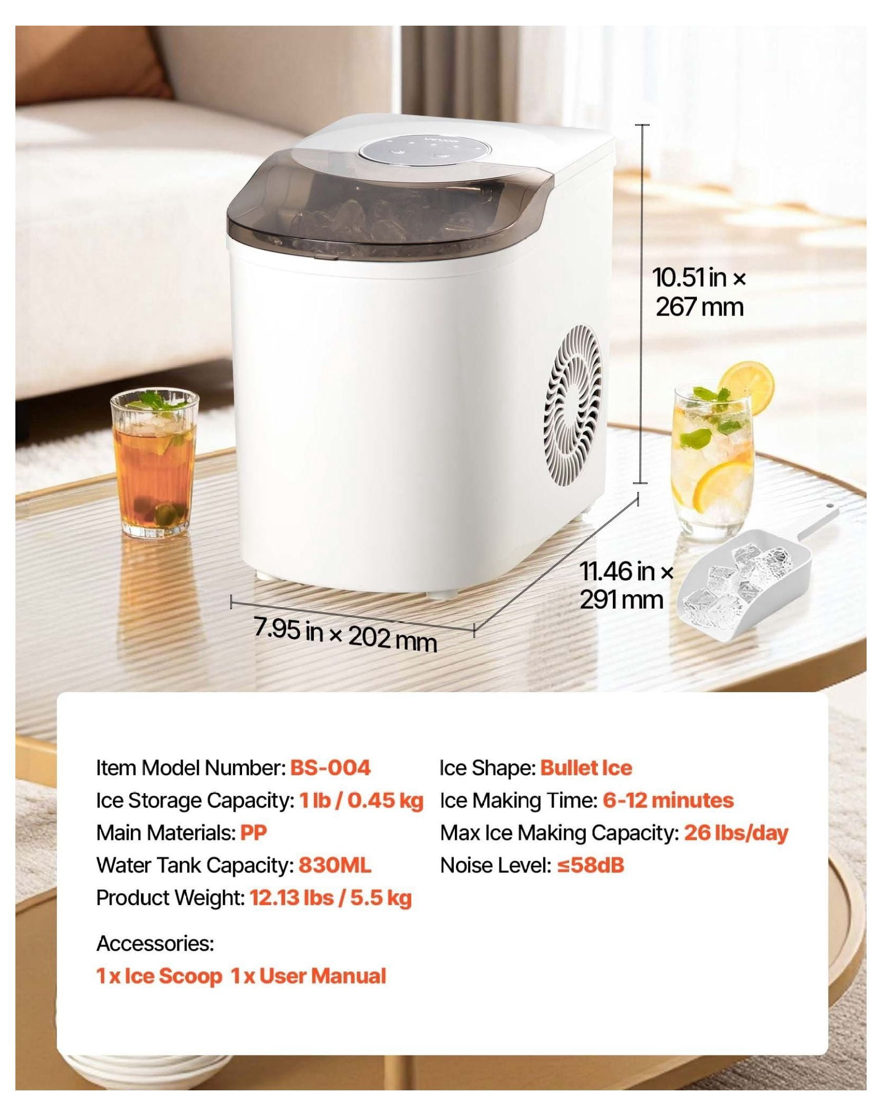 Countertop Ice Maker - 26lbs/Day, 6 Mins Ice, Self-Cleaning, Portable Ice Machine with Scoop - Small/Large Bullet Ice for Home, Kitchen, Bar, Office