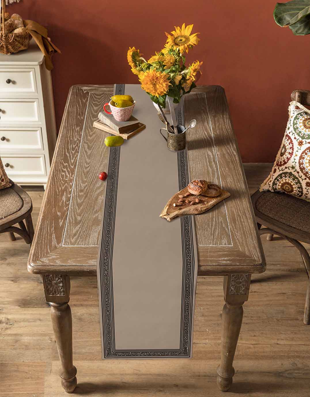 Black Brown Greek Key Table Runner 120 Inches, Geometric Greece Ancient Farmhouse Geo Bed Runner Dresser Scarves Tabletop for Indoor Outdoor Parties/Ceremony/Banquet, 13"x 120"