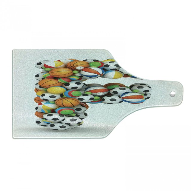 Letter F Cutting Board, Shape of Letter F with Colorful Balls Alphabet Design Sporting Goods Composition, Tempered Glass Cutting and Serving Board, Wine Bottle Shape, Multicolor, by Ambesonne