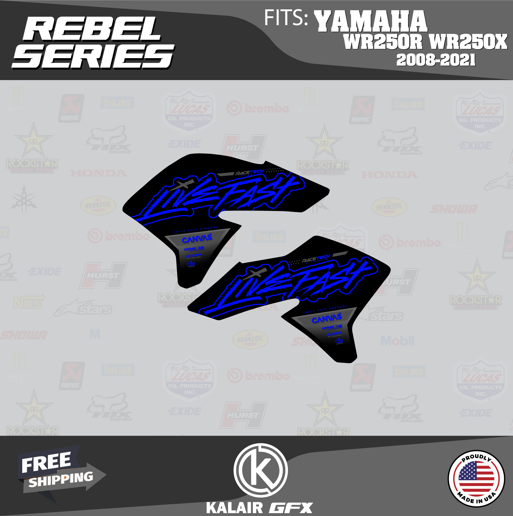 YAMAHA WR250R / WR250X Shroud Graphics Kit – Blue/Black, 2008-2021, 21mil Vinyl