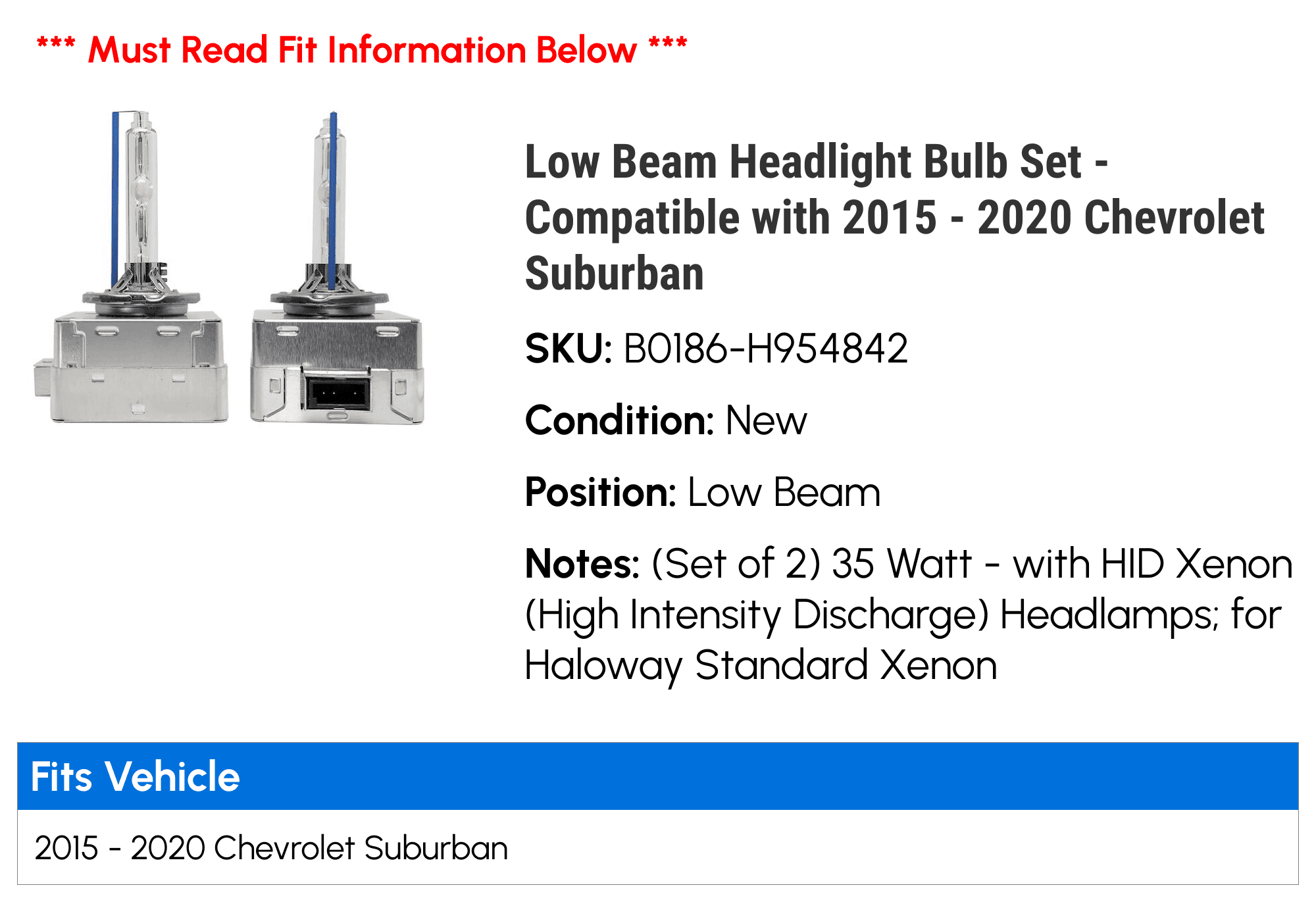 Low Beam Headlight Bulb Set - Compatible with 2015 - 2020 Chevy Suburban 2016 2017 2018 2019