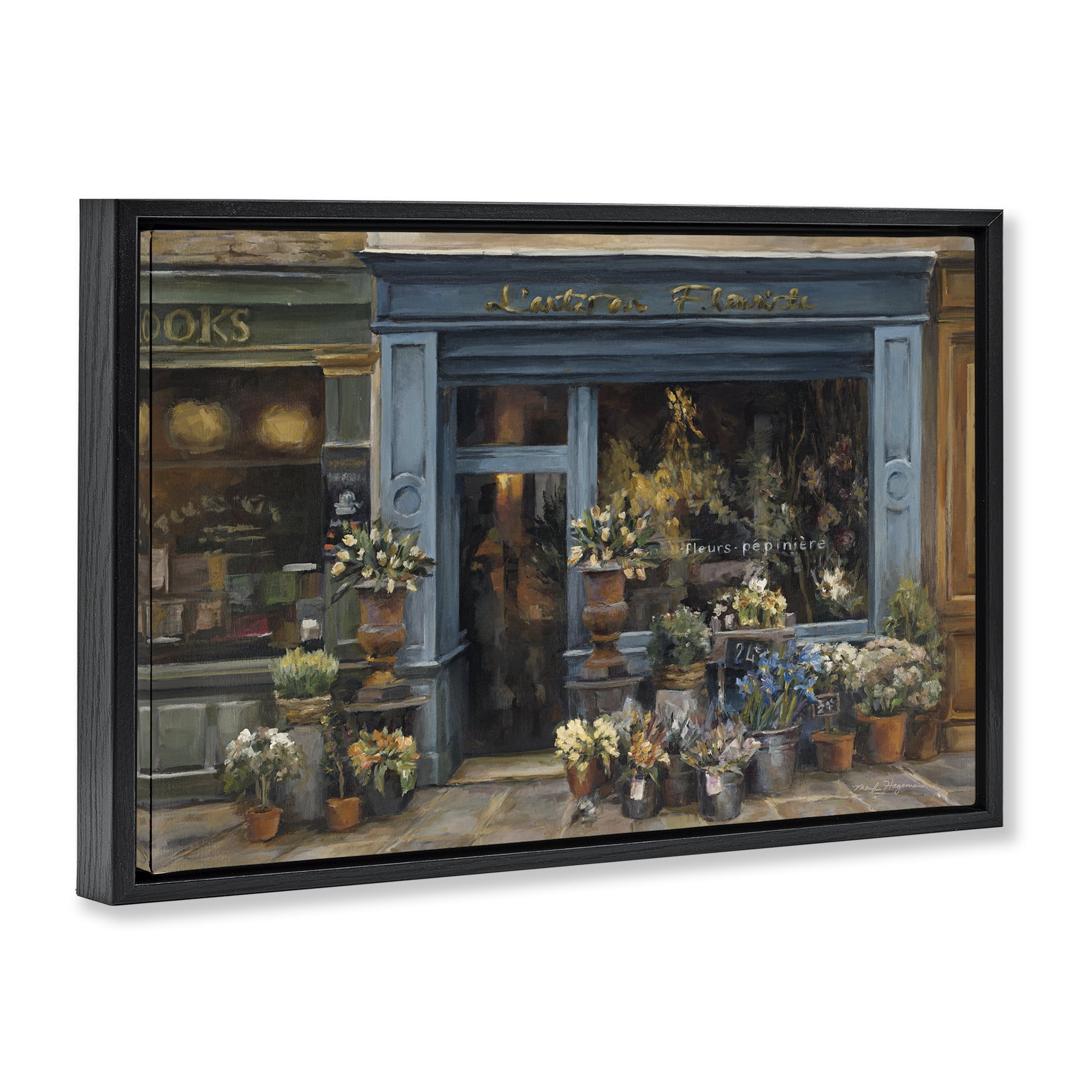 Stupell Industries Florist Shopfront in Town Buildings & Architecture Painting Black Floater Framed Canvas Art Print Wall Art, 25 x 17