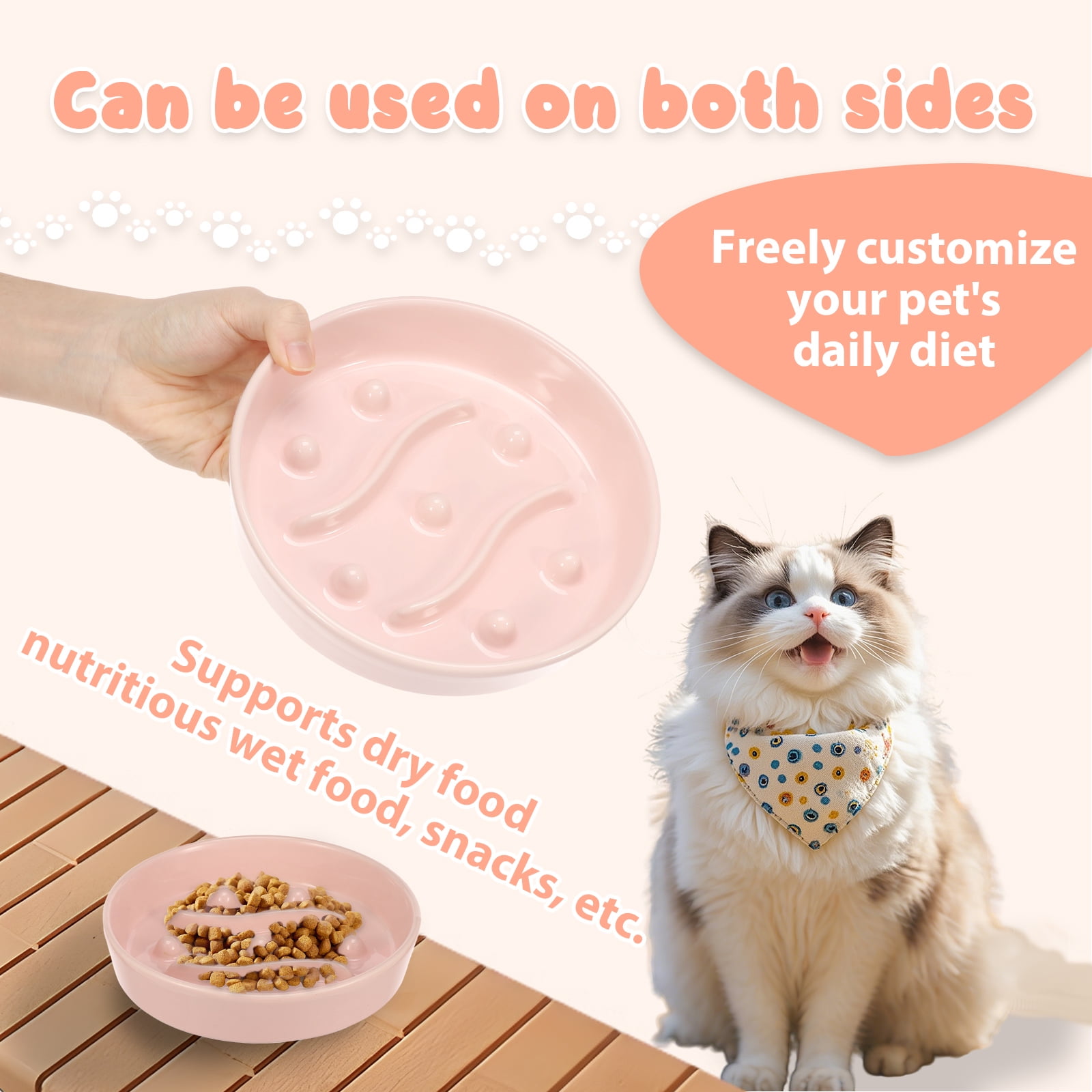 Threns 2 Pcs Practical Cat Slow Feeder Bowl Smooth Ceramic Cat Food Bowl Slow Feeder with Nonslip Bottom for Kitten Puppy Small Pet