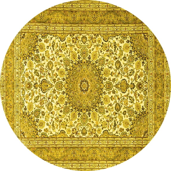 Ahgly Company Machine Washable Indoor Round Medallion Yellow Traditional Area Rugs, 8' Round