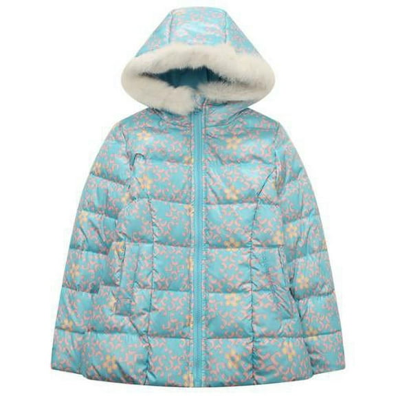 Girls Blue Pink Print Fake Faux Fur Hood Padding Jacket 6/7