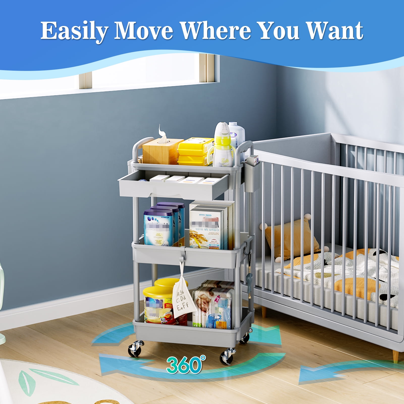 3 Tier Rolling Utility Cart with Removable Drawer, Bathroom Storage Organizer with 2 Lockable Wheels, Mobile Shelving Unit for Kitchen, Office, Snack, Craft, Makeup, Baby Essentials, Gray