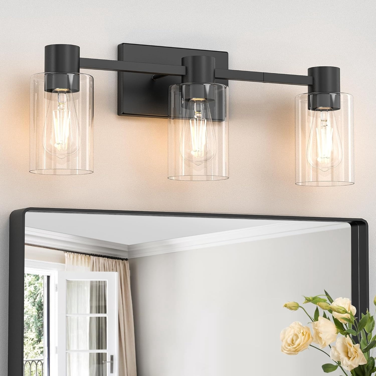 3-Light Matte Black Wall Sconces for Bathroom, Modern Vanity Light Fixtures Over Mirror, Bathroom Light Fixtures with Clear Glass Shade, E26 Wall Sconces for Living Room, Hallway