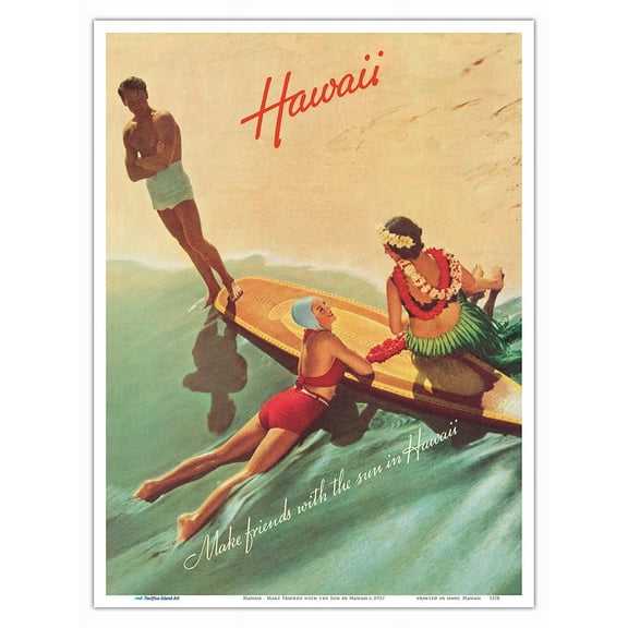 Hawaii - Make Friends with the Sun in Hawaii - Vintage Hawaiian Travel Poster c.1937 - Master Art Print (Unframed) 9in x 12in