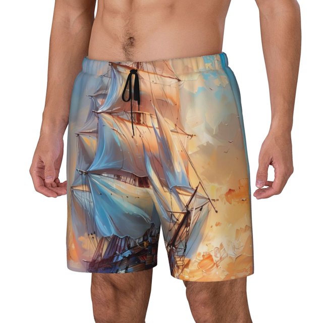 Fotbe Sailing Ship Ocean Sunset Traje de Baño para Hombre – Shorts de Natación de Secado Rápido con Forro y Bolsillos-Medium