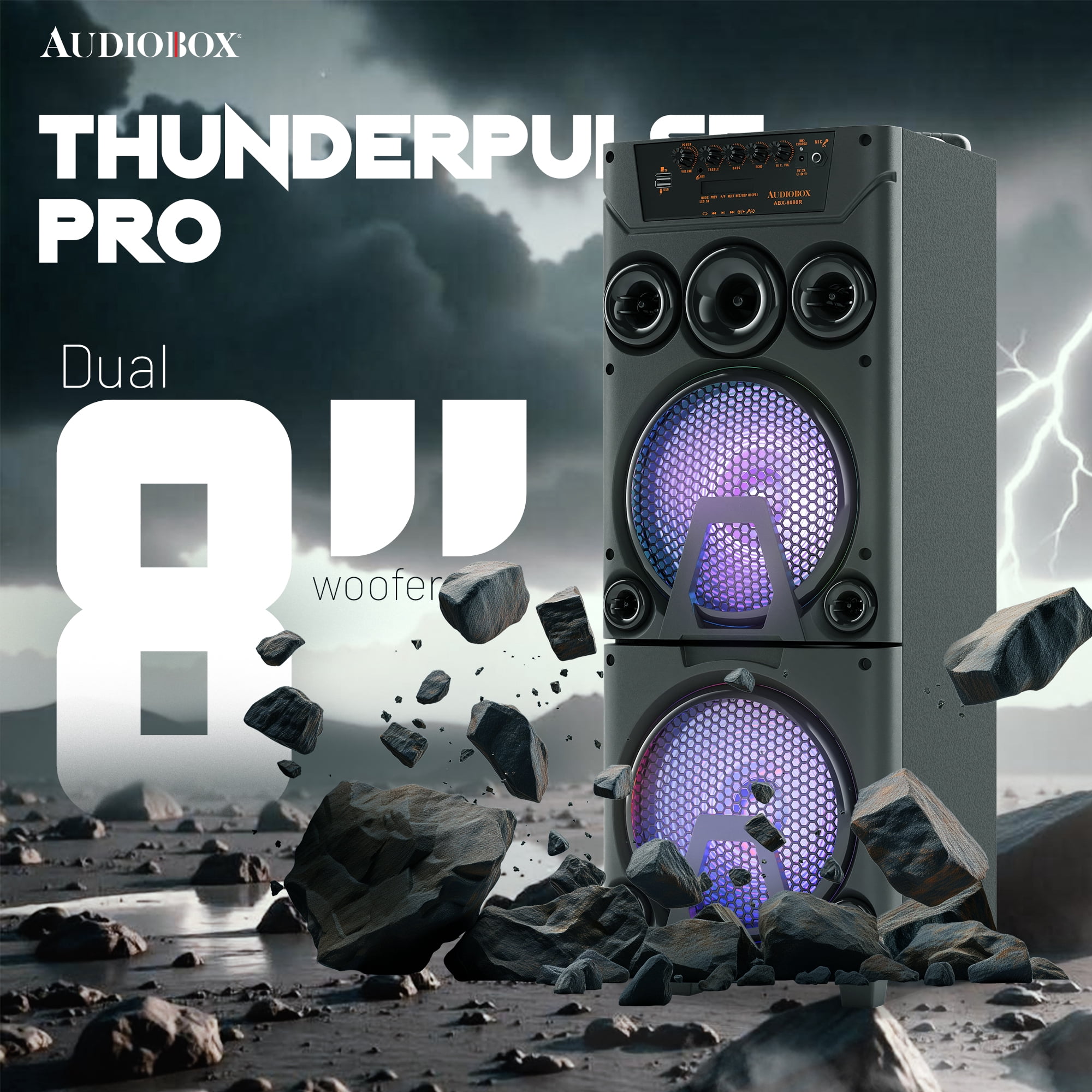 AudioBox ABX-8080R Dual 8" Bluetooth Portable Party Speaker with Wireless Microphones, LED Lights, FM Radio, USB, AUX, microSD, Karaoke Speaker