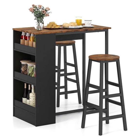 3-Pieces Bar Table Set, Rectangular Dining Table and 2 Chairs with Storage Shelves, Kitchen Set for Small Space, Breakfast Nook, Dinette, Pub, Restaurant, Living Room, Rustic Brown
