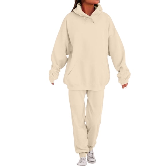 Huankd Plus Size Winter Clothes 2 Piece Outfits for Women Fleece Lounge Set With Oversized Top and Joggers Khaki L