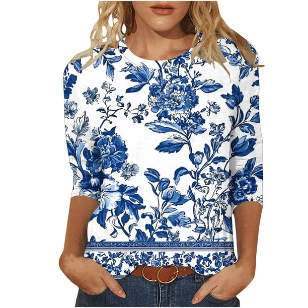 Tops de Verano 3/4 Mangas para Mujeres 2025 Impresa Camiseta Blusa Cuello Redondo Casual Primavera Y Verano Top Moda