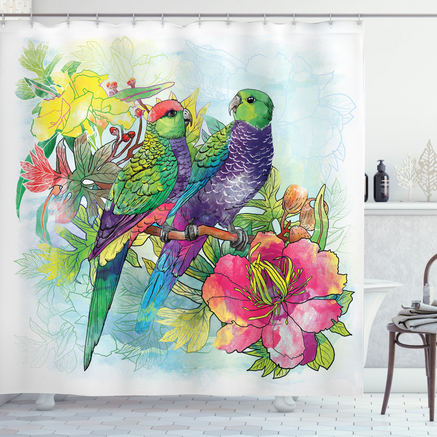 Parrots Decor Shower Curtain Set, Faded Flowers And Love Parrots