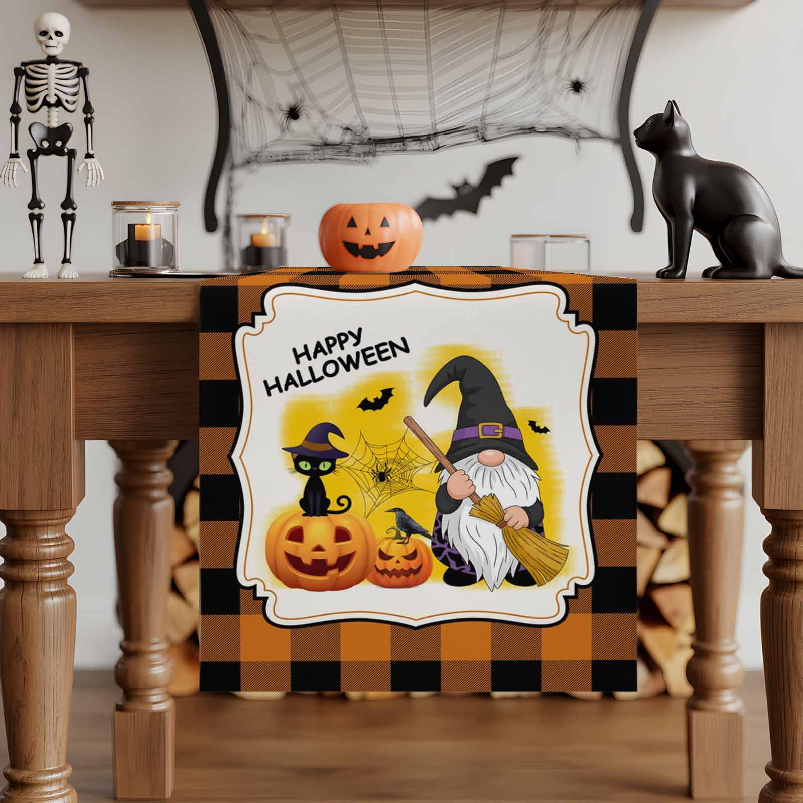 Table Runner Spooky Halloween Gnome on Pumpkins Dresser Scarves 13x90 Inch Linen Table Runners and Broom Black Cat Tablerunner for Home Dining Indoor Outdoor Wedding Party Tabletop Decor