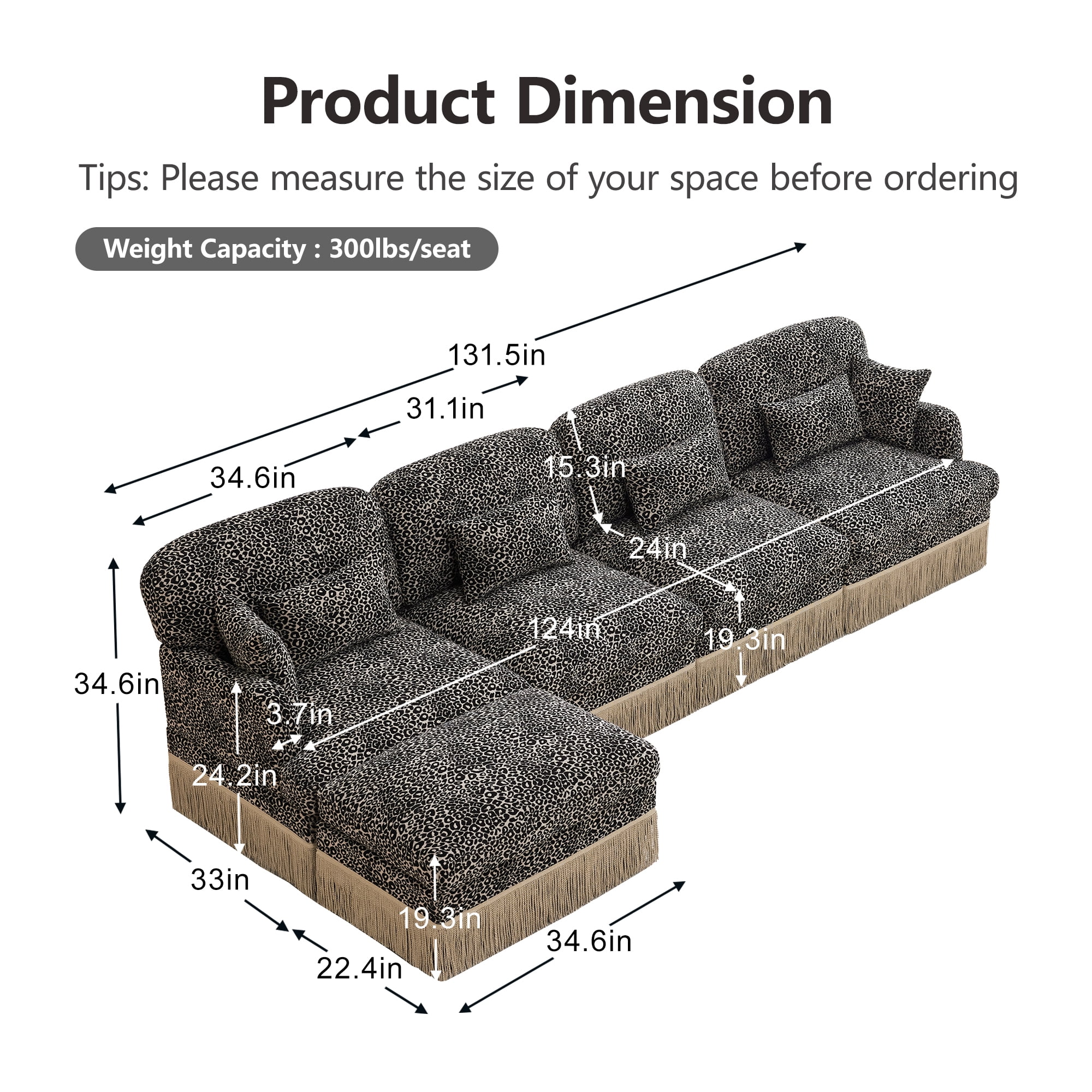 131" Chenille Leopard Tassel Deep Seat L Shape 4 Seater Modular Sofa Couch with 6 Throw Pillows and Ottoman