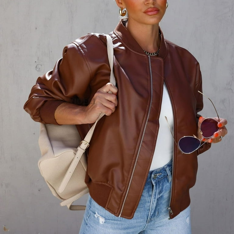 JLMMEN Women s Fall Oversized Faux Leather Bomber Jacket Zip Boyfriend Motocycle Leather Jacket Walmart